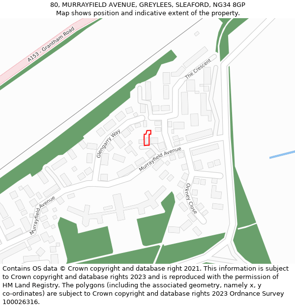 80, MURRAYFIELD AVENUE, GREYLEES, SLEAFORD, NG34 8GP: Location map and indicative extent of plot