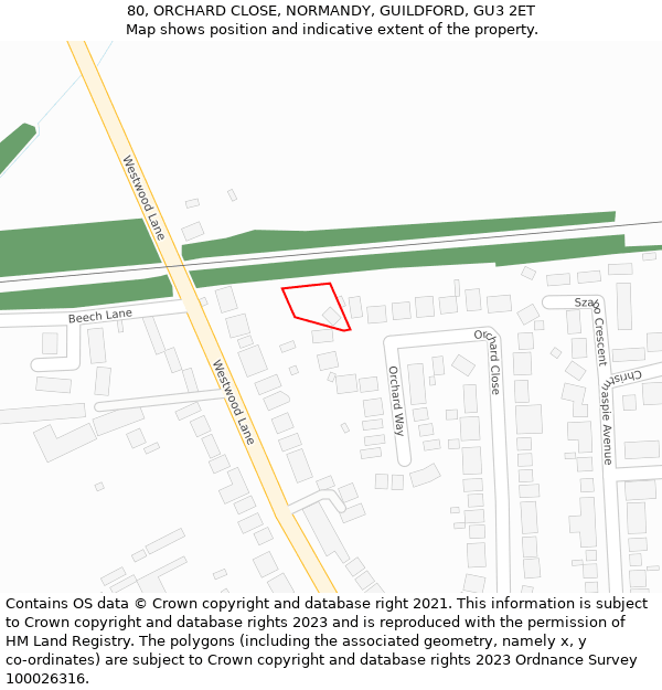 80, ORCHARD CLOSE, NORMANDY, GUILDFORD, GU3 2ET: Location map and indicative extent of plot