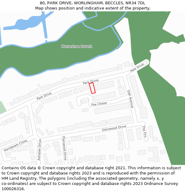 80, PARK DRIVE, WORLINGHAM, BECCLES, NR34 7DL: Location map and indicative extent of plot