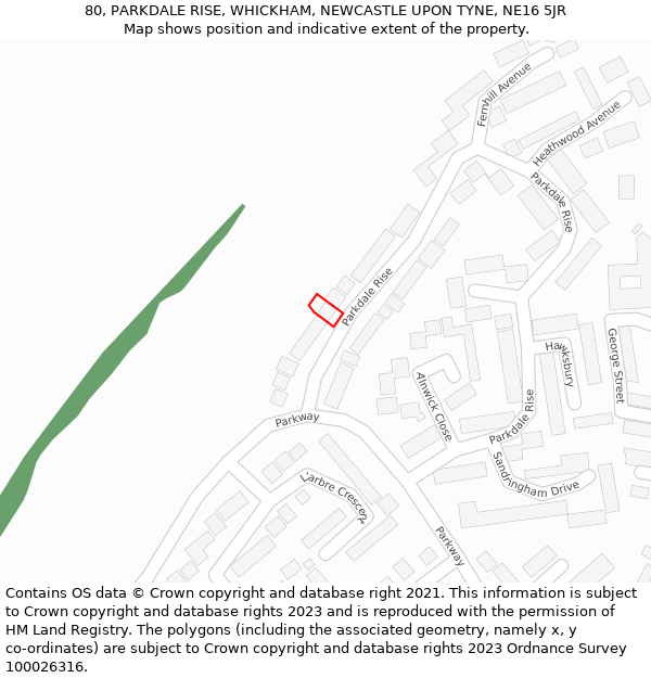 80, PARKDALE RISE, WHICKHAM, NEWCASTLE UPON TYNE, NE16 5JR: Location map and indicative extent of plot