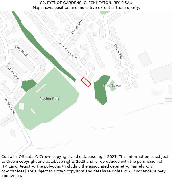 80, PYENOT GARDENS, CLECKHEATON, BD19 5AU: Location map and indicative extent of plot