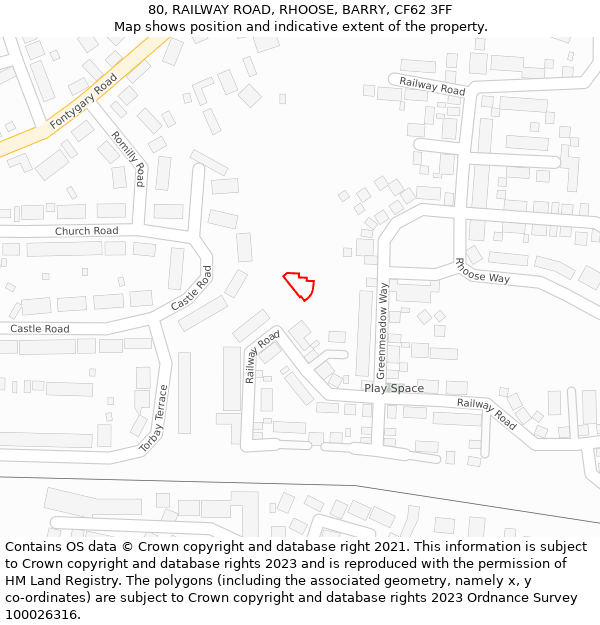 80, RAILWAY ROAD, RHOOSE, BARRY, CF62 3FF: Location map and indicative extent of plot