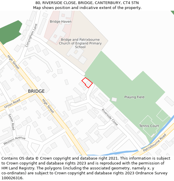 80, RIVERSIDE CLOSE, BRIDGE, CANTERBURY, CT4 5TN: Location map and indicative extent of plot