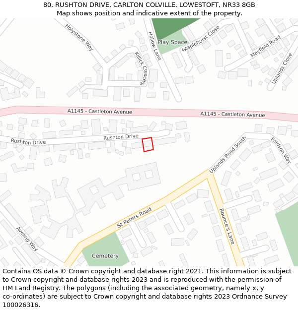 80, RUSHTON DRIVE, CARLTON COLVILLE, LOWESTOFT, NR33 8GB: Location map and indicative extent of plot