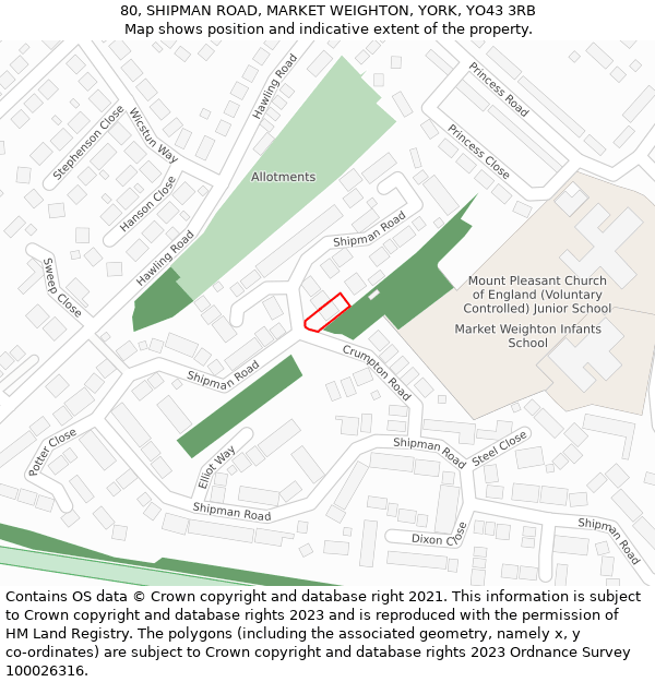 80, SHIPMAN ROAD, MARKET WEIGHTON, YORK, YO43 3RB: Location map and indicative extent of plot