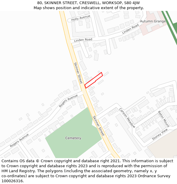 80, SKINNER STREET, CRESWELL, WORKSOP, S80 4JW: Location map and indicative extent of plot