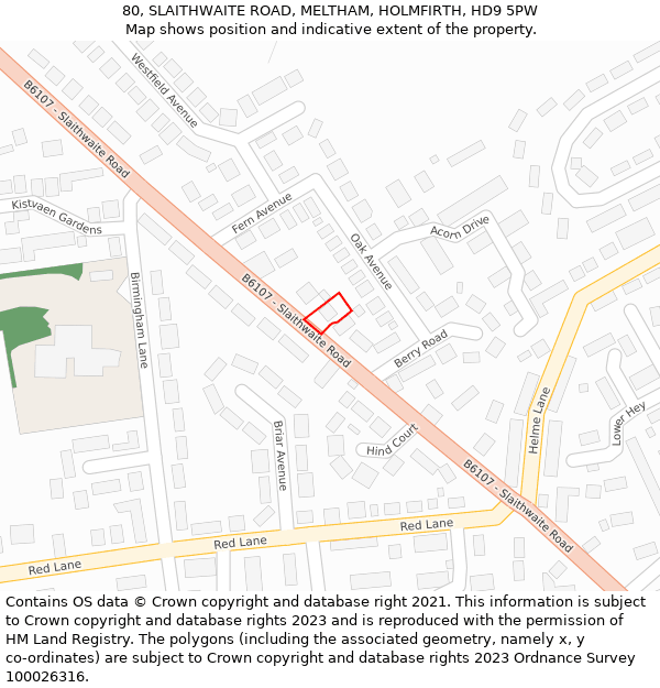 80, SLAITHWAITE ROAD, MELTHAM, HOLMFIRTH, HD9 5PW: Location map and indicative extent of plot