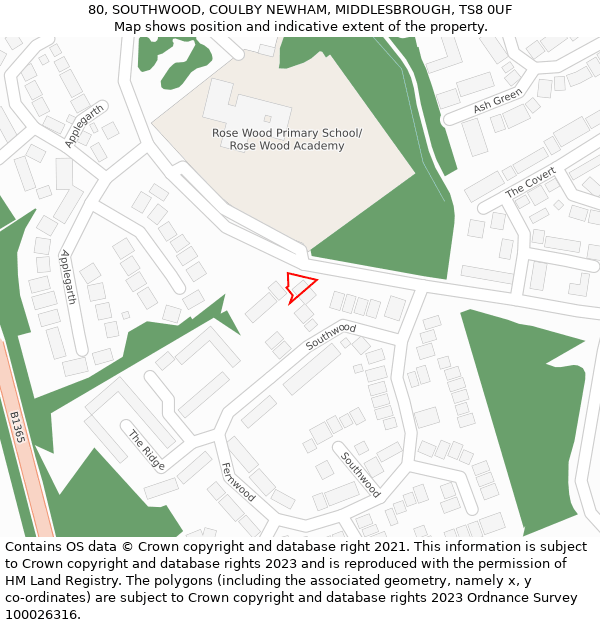 80, SOUTHWOOD, COULBY NEWHAM, MIDDLESBROUGH, TS8 0UF: Location map and indicative extent of plot