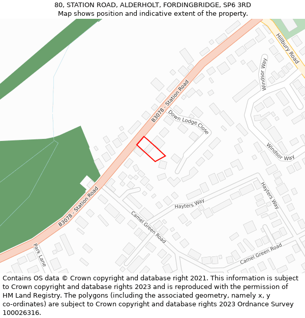 80, STATION ROAD, ALDERHOLT, FORDINGBRIDGE, SP6 3RD: Location map and indicative extent of plot