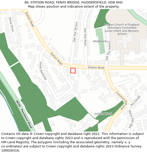 80, STATION ROAD, FENAY BRIDGE, HUDDERSFIELD, HD8 0AD: Location map and indicative extent of plot