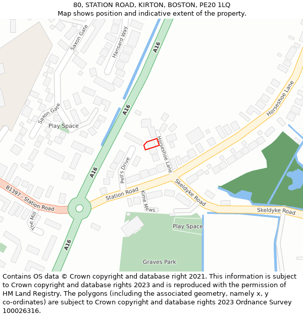 80, STATION ROAD, KIRTON, BOSTON, PE20 1LQ: Location map and indicative extent of plot