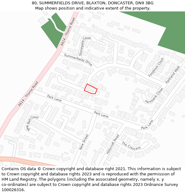 80, SUMMERFIELDS DRIVE, BLAXTON, DONCASTER, DN9 3BG: Location map and indicative extent of plot