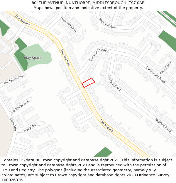 80, THE AVENUE, NUNTHORPE, MIDDLESBROUGH, TS7 0AR: Location map and indicative extent of plot
