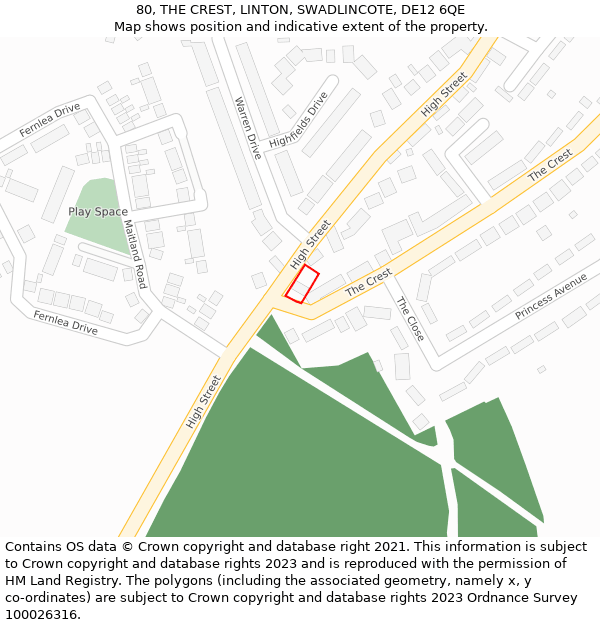 80, THE CREST, LINTON, SWADLINCOTE, DE12 6QE: Location map and indicative extent of plot