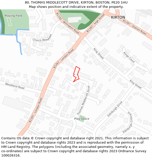 80, THOMAS MIDDLECOTT DRIVE, KIRTON, BOSTON, PE20 1HU: Location map and indicative extent of plot