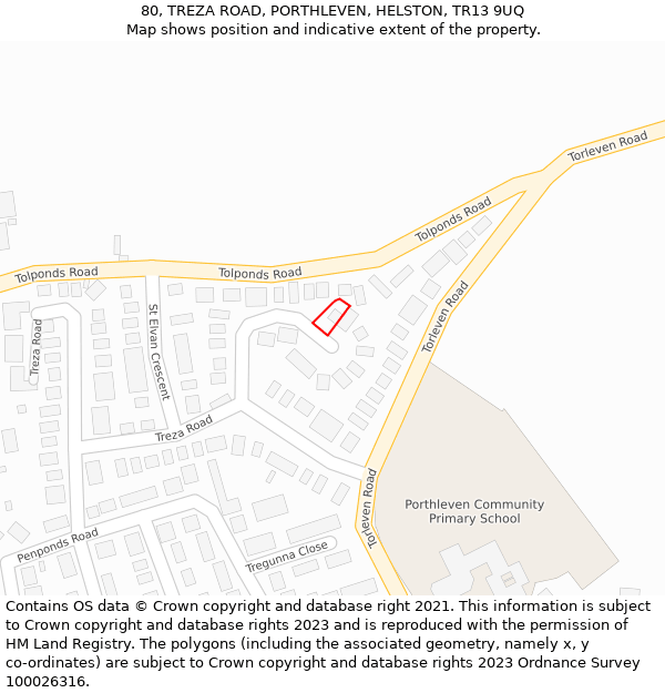 80, TREZA ROAD, PORTHLEVEN, HELSTON, TR13 9UQ: Location map and indicative extent of plot