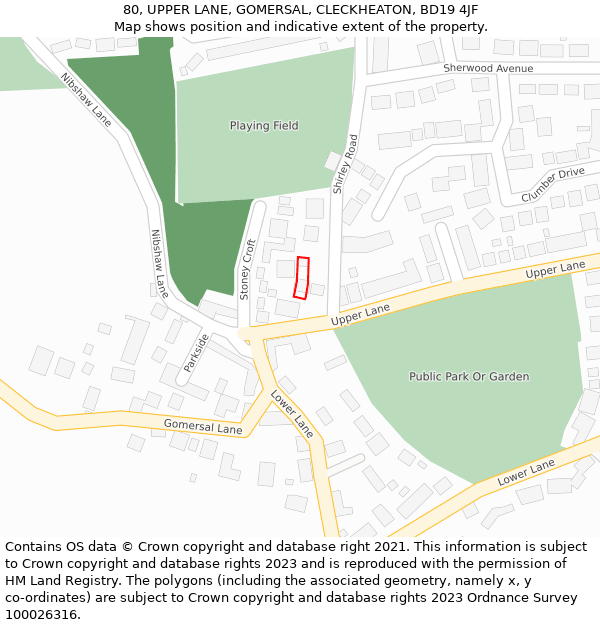 80, UPPER LANE, GOMERSAL, CLECKHEATON, BD19 4JF: Location map and indicative extent of plot