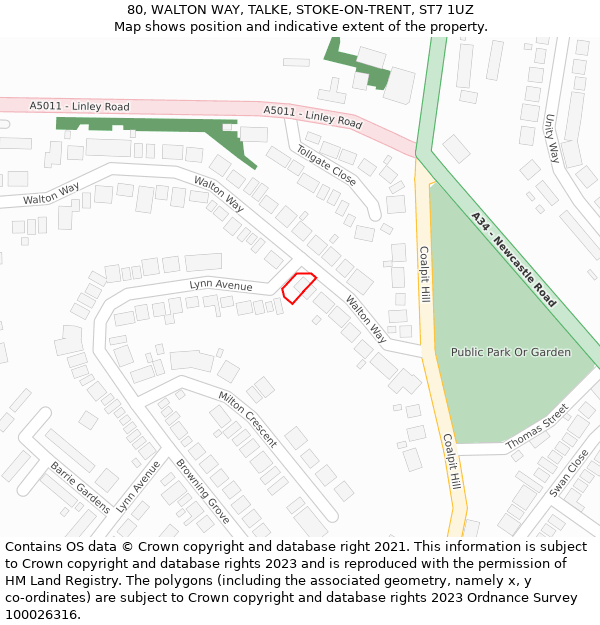 80, WALTON WAY, TALKE, STOKE-ON-TRENT, ST7 1UZ: Location map and indicative extent of plot