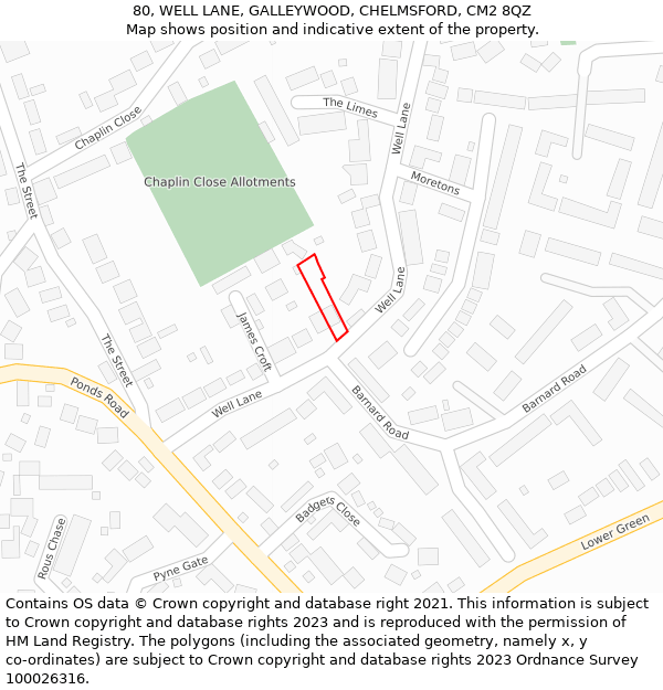 80, WELL LANE, GALLEYWOOD, CHELMSFORD, CM2 8QZ: Location map and indicative extent of plot