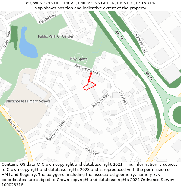 80, WESTONS HILL DRIVE, EMERSONS GREEN, BRISTOL, BS16 7DN: Location map and indicative extent of plot