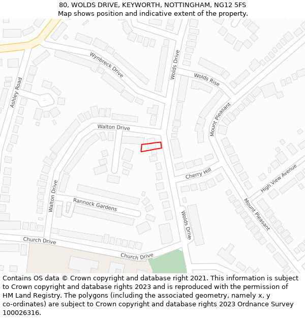 80, WOLDS DRIVE, KEYWORTH, NOTTINGHAM, NG12 5FS: Location map and indicative extent of plot