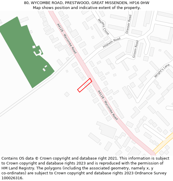 80, WYCOMBE ROAD, PRESTWOOD, GREAT MISSENDEN, HP16 0HW: Location map and indicative extent of plot