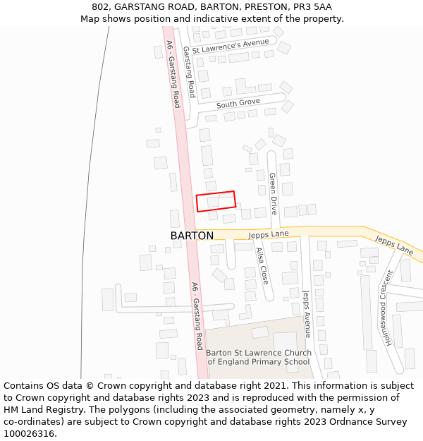 802, GARSTANG ROAD, BARTON, PRESTON, PR3 5AA: Location map and indicative extent of plot