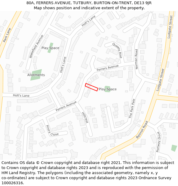 80A, FERRERS AVENUE, TUTBURY, BURTON-ON-TRENT, DE13 9JR: Location map and indicative extent of plot