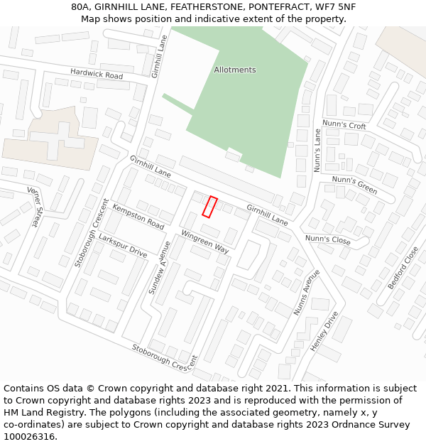 80A, GIRNHILL LANE, FEATHERSTONE, PONTEFRACT, WF7 5NF: Location map and indicative extent of plot