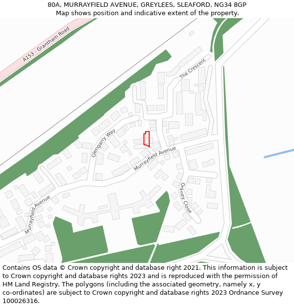 80A, MURRAYFIELD AVENUE, GREYLEES, SLEAFORD, NG34 8GP: Location map and indicative extent of plot