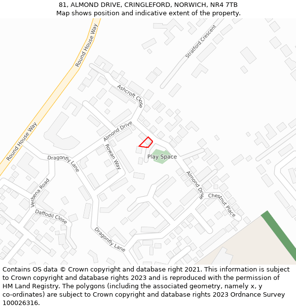 81, ALMOND DRIVE, CRINGLEFORD, NORWICH, NR4 7TB: Location map and indicative extent of plot