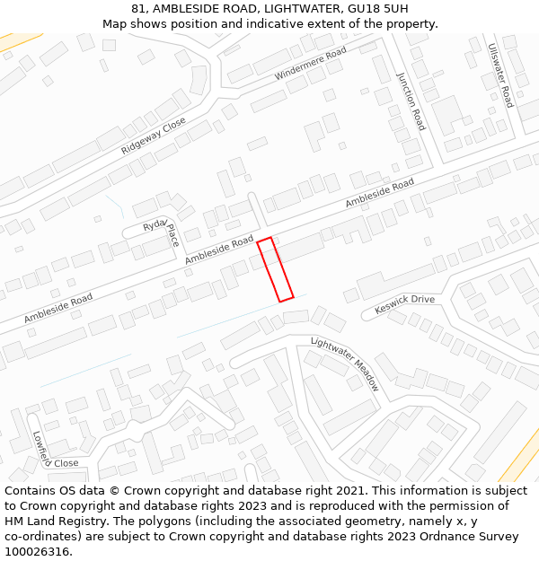 81, AMBLESIDE ROAD, LIGHTWATER, GU18 5UH: Location map and indicative extent of plot