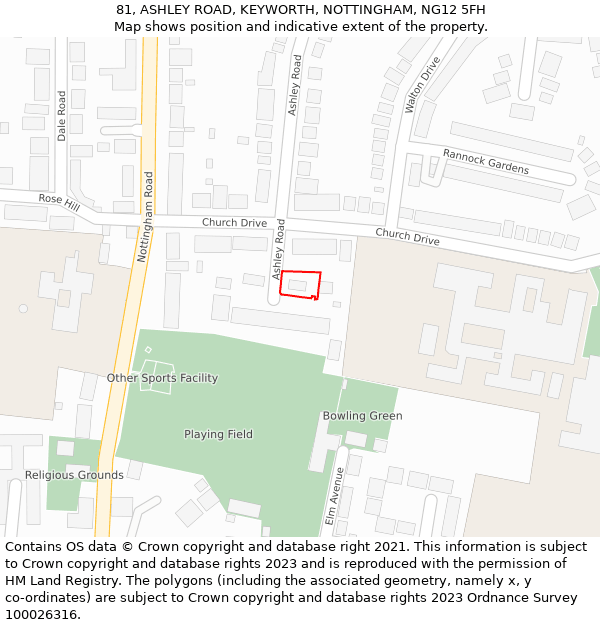 81, ASHLEY ROAD, KEYWORTH, NOTTINGHAM, NG12 5FH: Location map and indicative extent of plot