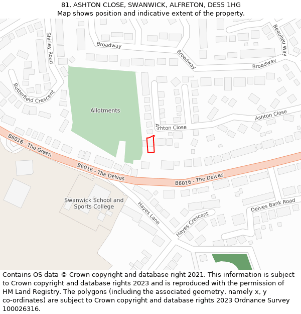 81, ASHTON CLOSE, SWANWICK, ALFRETON, DE55 1HG: Location map and indicative extent of plot