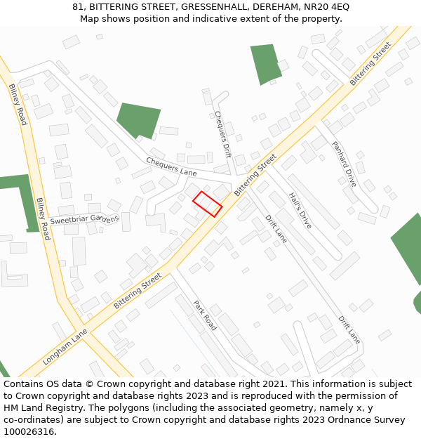 81, BITTERING STREET, GRESSENHALL, DEREHAM, NR20 4EQ: Location map and indicative extent of plot