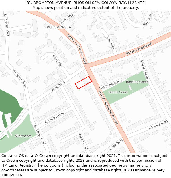 81, BROMPTON AVENUE, RHOS ON SEA, COLWYN BAY, LL28 4TP: Location map and indicative extent of plot