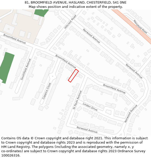 81, BROOMFIELD AVENUE, HASLAND, CHESTERFIELD, S41 0NE: Location map and indicative extent of plot
