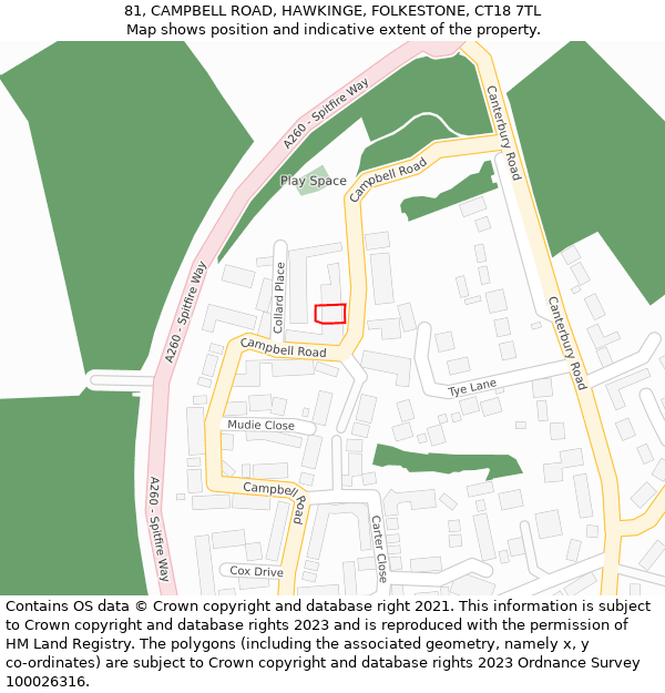 81, CAMPBELL ROAD, HAWKINGE, FOLKESTONE, CT18 7TL: Location map and indicative extent of plot