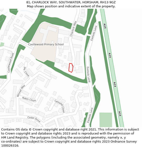 81, CHARLOCK WAY, SOUTHWATER, HORSHAM, RH13 9GZ: Location map and indicative extent of plot