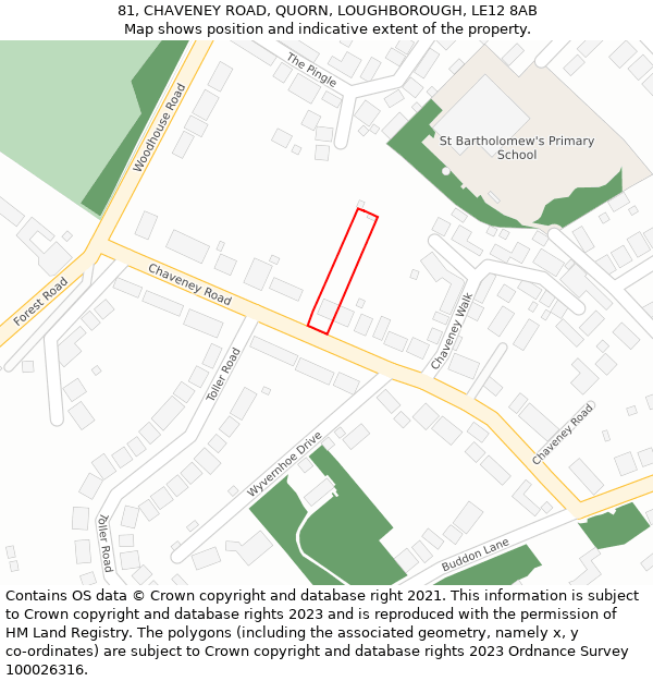 81, CHAVENEY ROAD, QUORN, LOUGHBOROUGH, LE12 8AB: Location map and indicative extent of plot