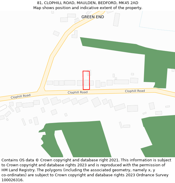 81, CLOPHILL ROAD, MAULDEN, BEDFORD, MK45 2AD: Location map and indicative extent of plot