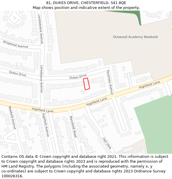 81, DUKES DRIVE, CHESTERFIELD, S41 8QE: Location map and indicative extent of plot