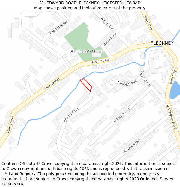 81, EDWARD ROAD, FLECKNEY, LEICESTER, LE8 8AD: Location map and indicative extent of plot