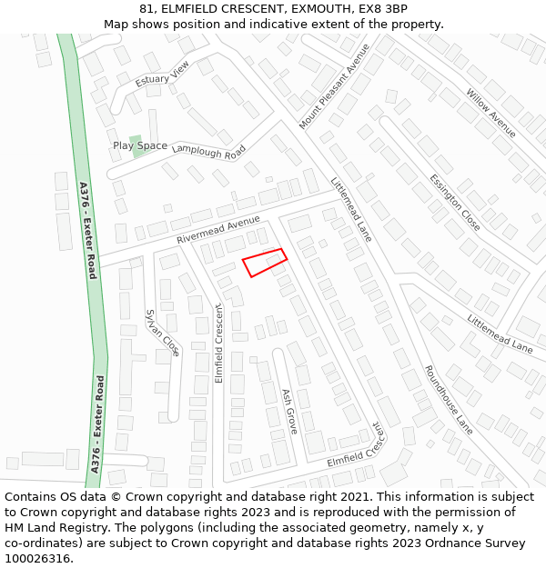 81, ELMFIELD CRESCENT, EXMOUTH, EX8 3BP: Location map and indicative extent of plot