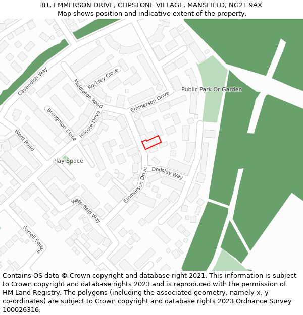 81, EMMERSON DRIVE, CLIPSTONE VILLAGE, MANSFIELD, NG21 9AX: Location map and indicative extent of plot