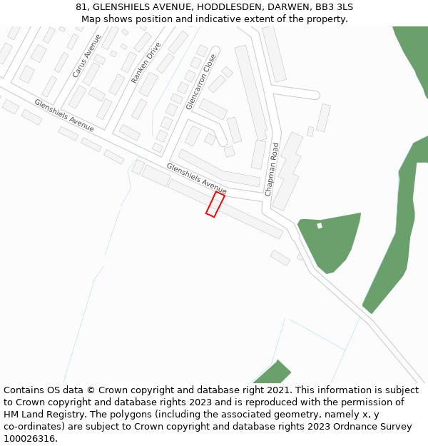 81, GLENSHIELS AVENUE, HODDLESDEN, DARWEN, BB3 3LS: Location map and indicative extent of plot