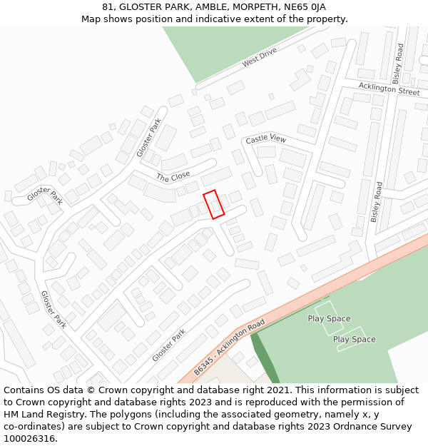 81, GLOSTER PARK, AMBLE, MORPETH, NE65 0JA: Location map and indicative extent of plot