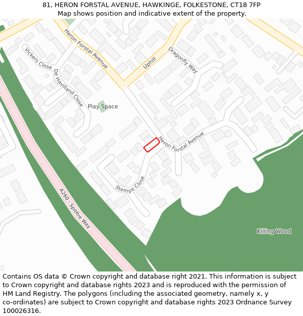 81, HERON FORSTAL AVENUE, HAWKINGE, FOLKESTONE, CT18 7FP: Location map and indicative extent of plot