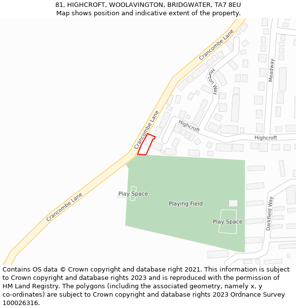 81, HIGHCROFT, WOOLAVINGTON, BRIDGWATER, TA7 8EU: Location map and indicative extent of plot