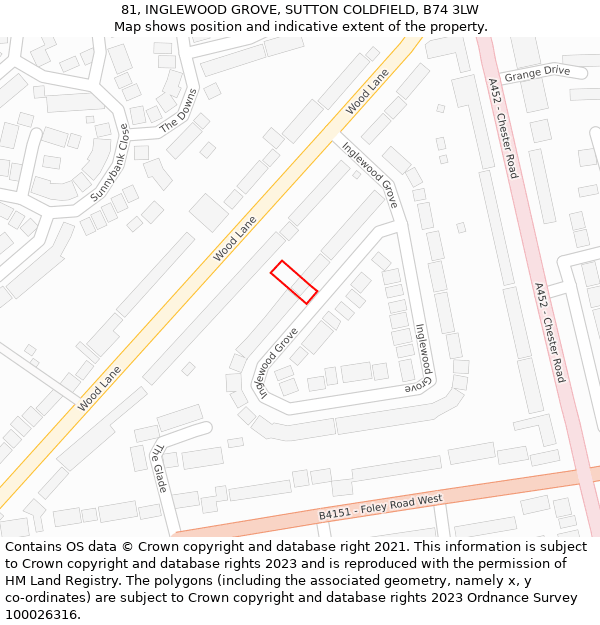 81, INGLEWOOD GROVE, SUTTON COLDFIELD, B74 3LW: Location map and indicative extent of plot